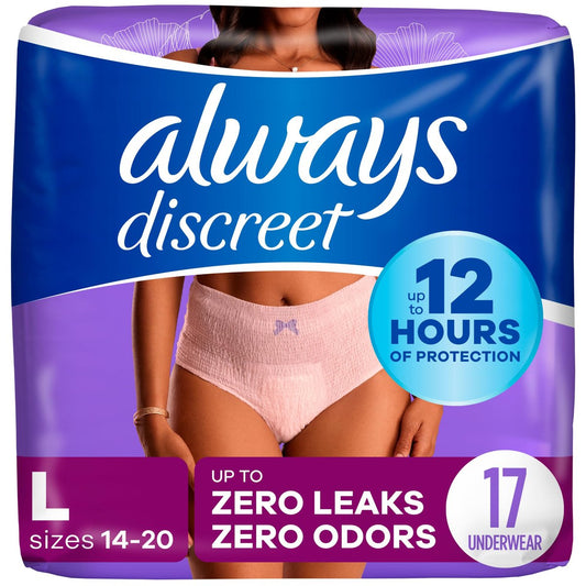 Always Discreet Damenwindeln für Frauen, Inkontinenzunterwäsche, Wochenbett-Essentials, Einwegslips, Maxi-Saugfähigkeit, Blasenschutz, Large, 17 Stück