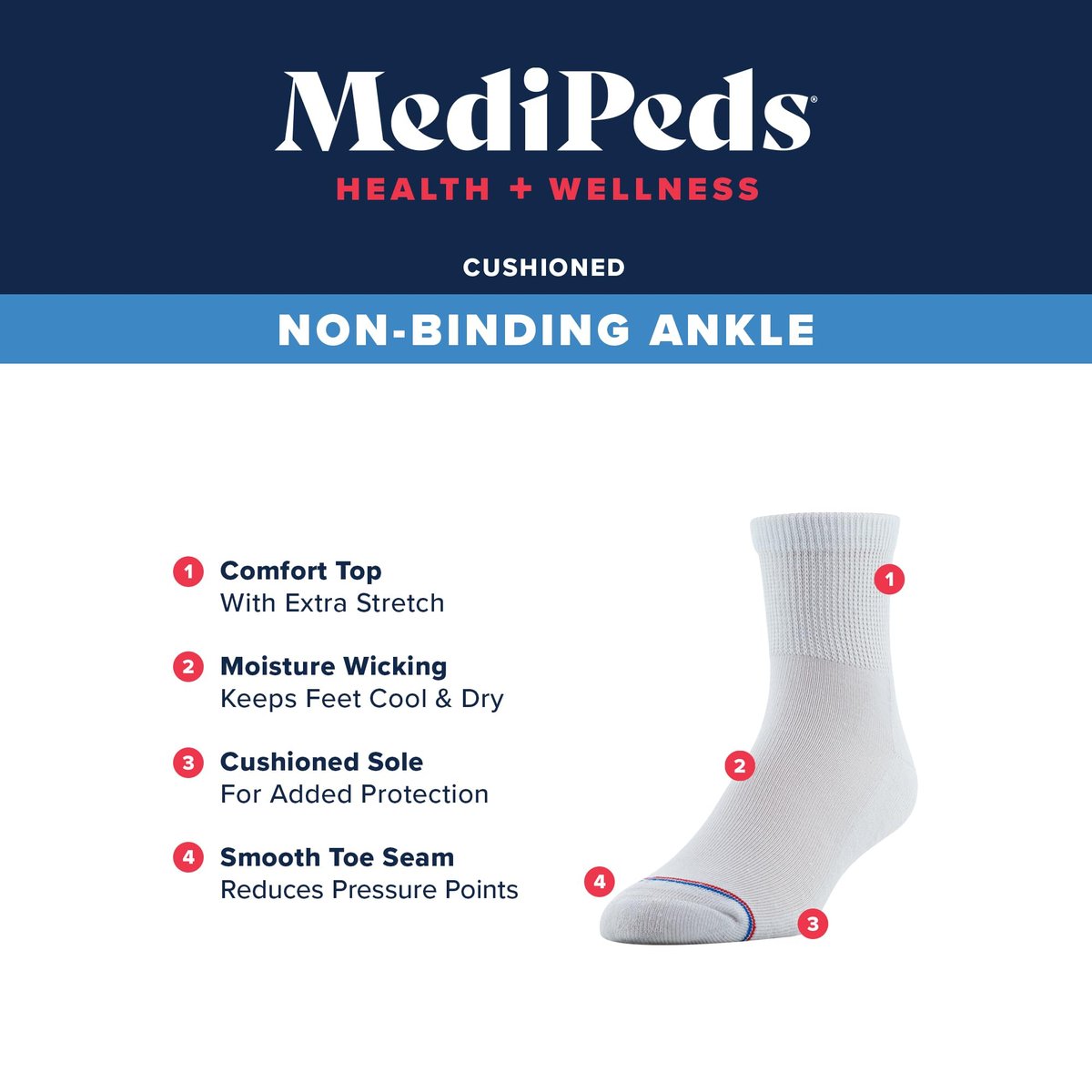 MediPeds Quarter Socken mit nicht einschnürendem Bund und Polsterung, Weiß (4 Paar), Schuhgröße: Herren 7-12; Damen 10-13