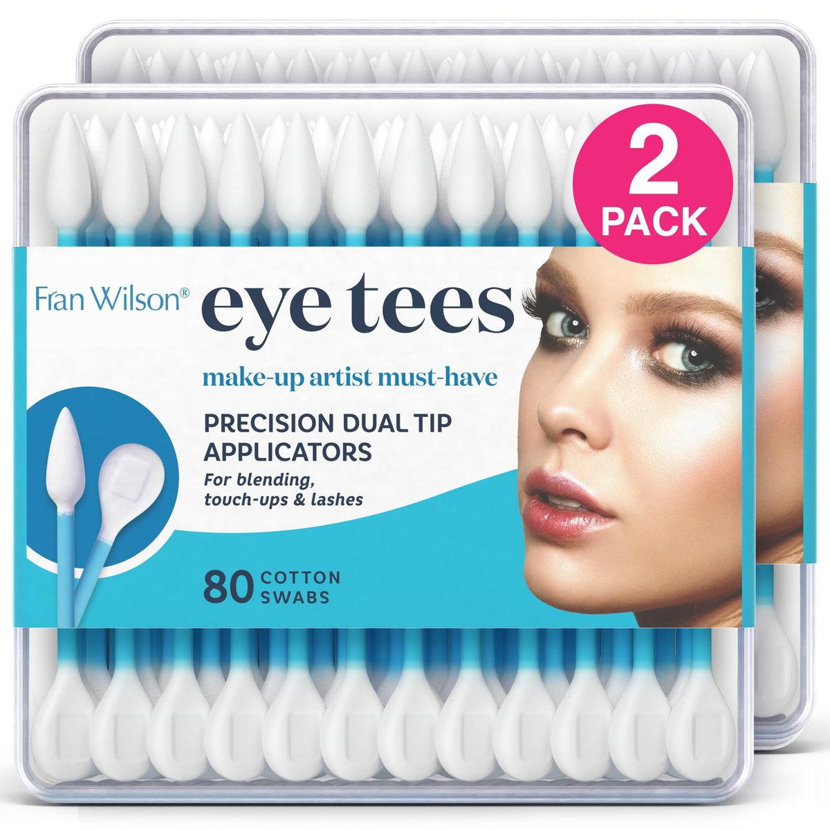 Fran Wilson EYE TEES COTTON TIPS 80 Stück (2er-Pack) – Präzisions-Make-up-Applikator, doppelseitige Wattestäbchen mit spitzen und runden Enden für perfektes Verblenden, effektive Reinigung und präzise Korrekturen