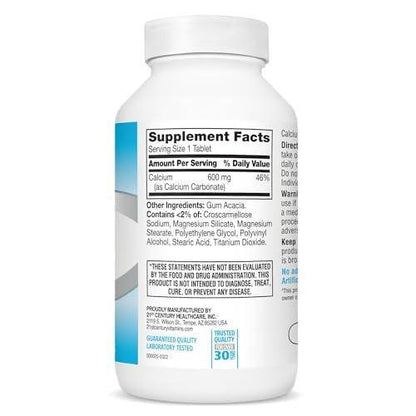 21st Century Calcium 600 mg Supplement – 400 Tabletten, Vegan-freundlich, Nicht-GVO & Glutenfrei, Knochenstärkung für Männer & Frauen