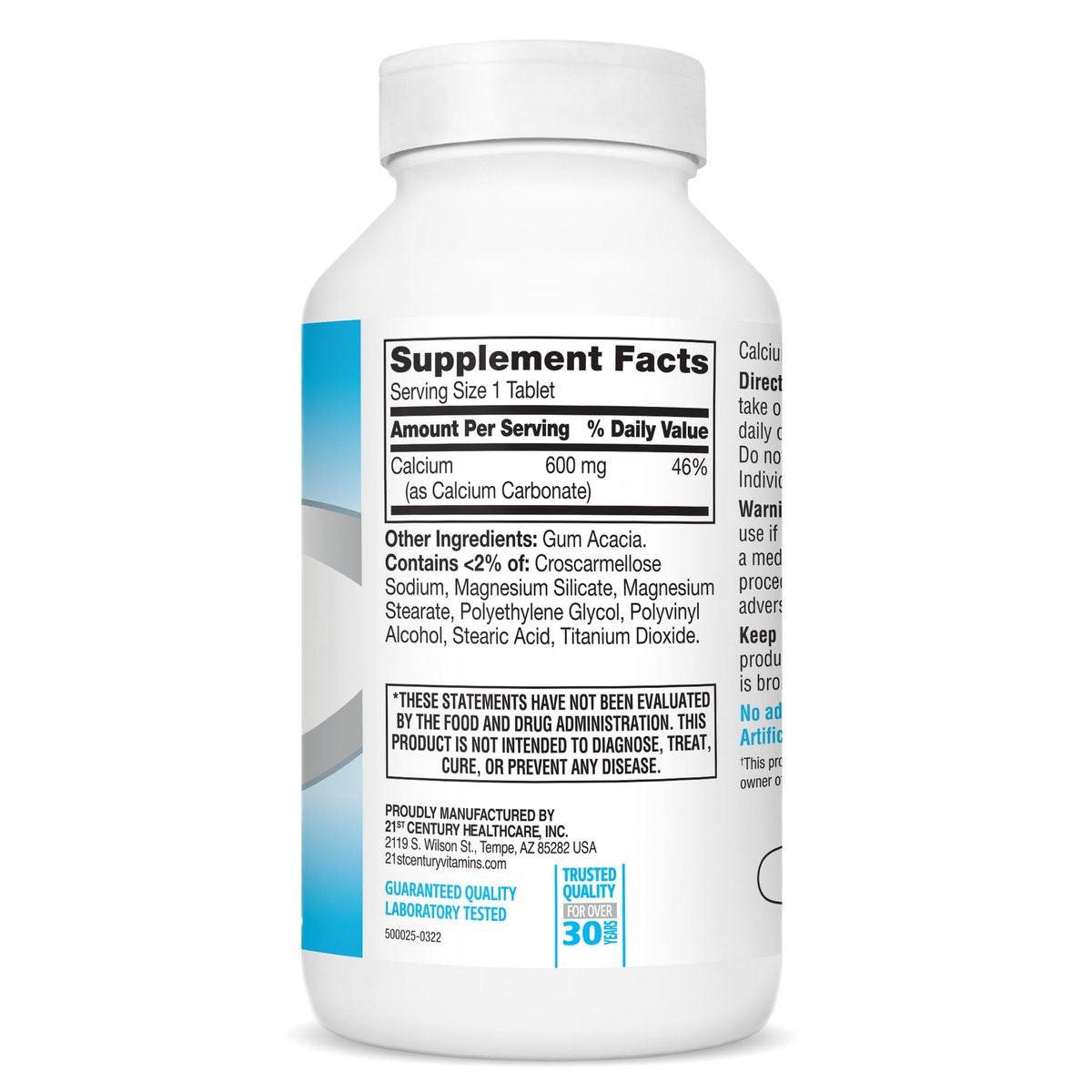 21st Century Calcium 600 mg Supplement – 400 Tabletten, Vegan-freundlich, Nicht-GVO & Glutenfrei, Knochenstärkung für Männer & Frauen