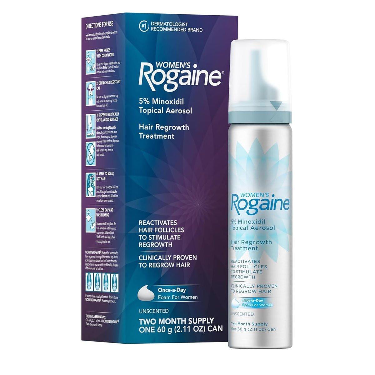 Rogaine 5% Minoxidil Schaum, Topische Einmal-Tägliche Haarwuchsmittel für Frauen, um volleres, dickeres Haar nachwachsen zu lassen, Duftneutral, 2-Monatsvorrat, 2,11 oz