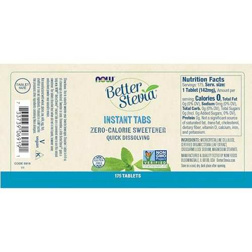 NOW Foods Better Stevia Instant Tabs, Kalorienfreier Süßstoff, zertifiziert nicht genetisch verändert, glutenfrei, 175 Tabletten