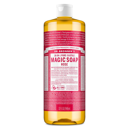Dr. Bronner's Magic Soap Pure-Castile Flüssigseife Rose – 946 ml – Regenerativ zertifizierte Öle, 18-in-1 Anwendungen: Gesicht, Körper, Haare, Wäsche, Haustiere & Geschirr – Konzentriert, Vegan, Nicht-GVO