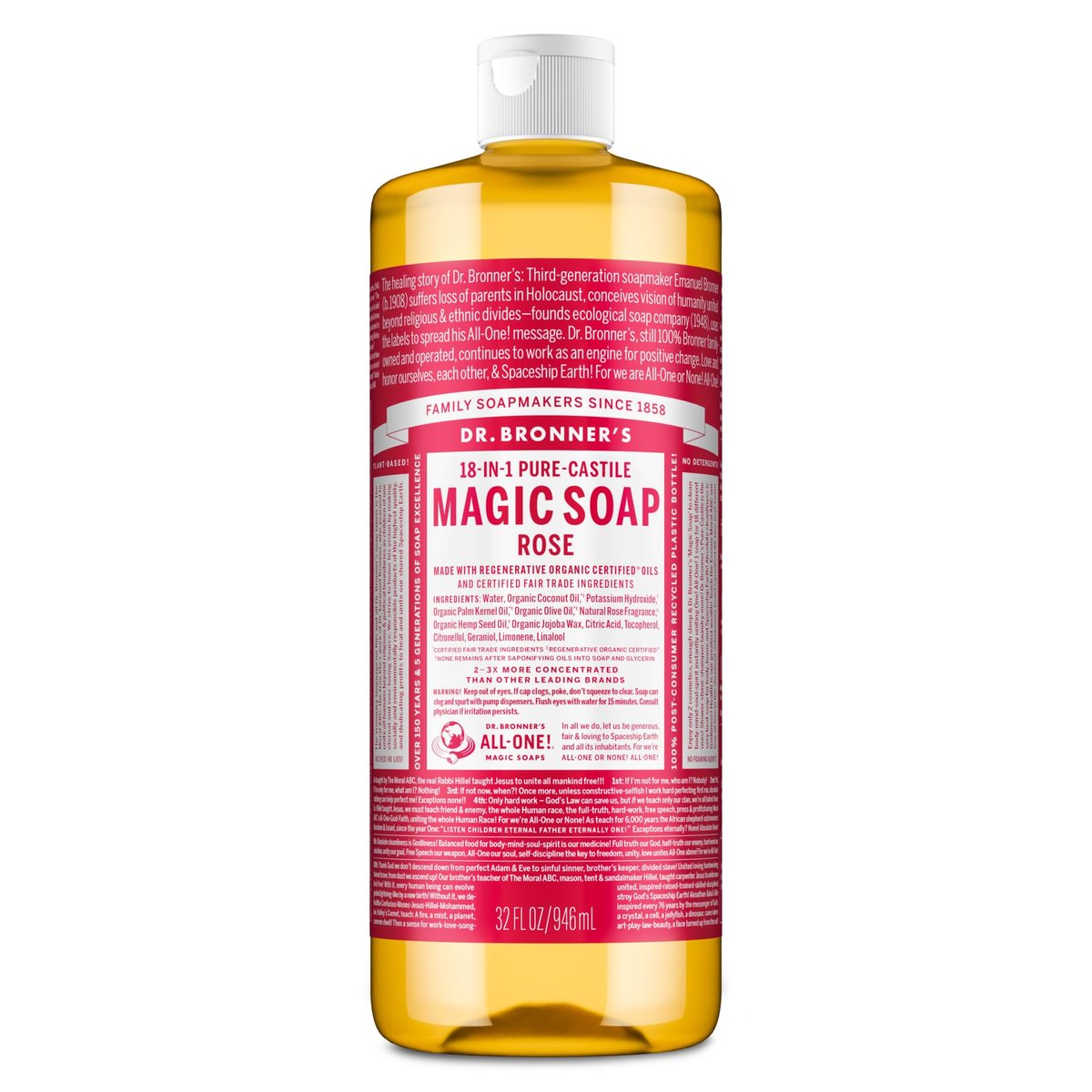 Dr. Bronner's Magic Soap Pure-Castile Flüssigseife Rose – 946 ml – Regenerativ zertifizierte Öle, 18-in-1 Anwendungen: Gesicht, Körper, Haare, Wäsche, Haustiere & Geschirr – Konzentriert, Vegan, Nicht-GVO