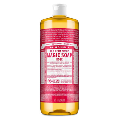 Dr. Bronner's Magic Soap Pure-Castile Flüssigseife Rose – 946 ml – Regenerativ zertifizierte Öle, 18-in-1 Anwendungen: Gesicht, Körper, Haare, Wäsche, Haustiere & Geschirr – Konzentriert, Vegan, Nicht-GVO