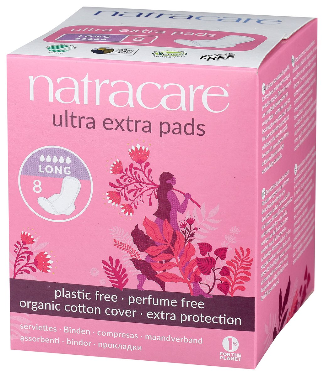 Natracare Ultra Extra Binden mit Flügeln, lang, einzeln verpackt, aus zertifizierter Bio-Baumwolle, ökologisch zertifiziertem Zellulose-Zellstoff und Pflanzenstärke (1 Packung, 8 Binden insgesamt)