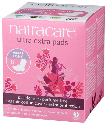 Natracare Ultra Extra Binden mit Flügeln, lang, einzeln verpackt, aus zertifizierter Bio-Baumwolle, ökologisch zertifiziertem Zellulose-Zellstoff und Pflanzenstärke (1 Packung, 8 Binden insgesamt)
