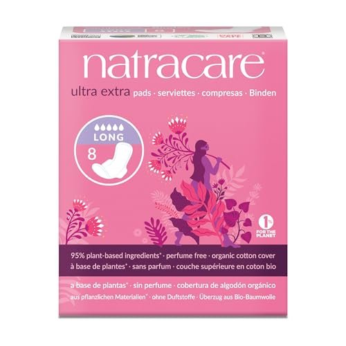 Natracare Ultra Extra Binden mit Flügeln, lang, einzeln verpackt, aus zertifizierter Bio-Baumwolle, ökologisch zertifiziertem Zellulose-Zellstoff und Pflanzenstärke (1 Packung, 8 Binden insgesamt)