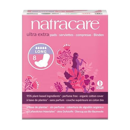Natracare Ultra Extra Binden mit Flügeln, lang, einzeln verpackt, aus zertifizierter Bio-Baumwolle, ökologisch zertifiziertem Zellulose-Zellstoff und Pflanzenstärke (1 Packung, 8 Binden insgesamt)