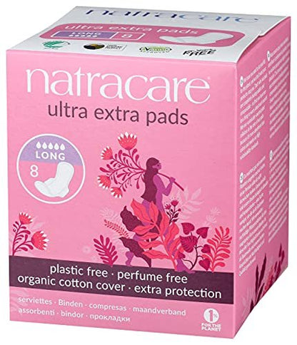 Natracare Ultra Extra Binden mit Flügeln, lang, einzeln verpackt, aus zertifizierter Bio-Baumwolle, ökologisch zertifiziertem Zellulose-Zellstoff und Pflanzenstärke (1 Packung, 8 Binden insgesamt)
