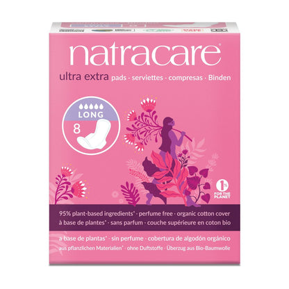 Natracare Ultra Extra Binden mit Flügeln, lang, einzeln verpackt, aus zertifizierter Bio-Baumwolle, ökologisch zertifiziertem Zellulose-Zellstoff und Pflanzenstärke (1 Packung, 8 Binden insgesamt)