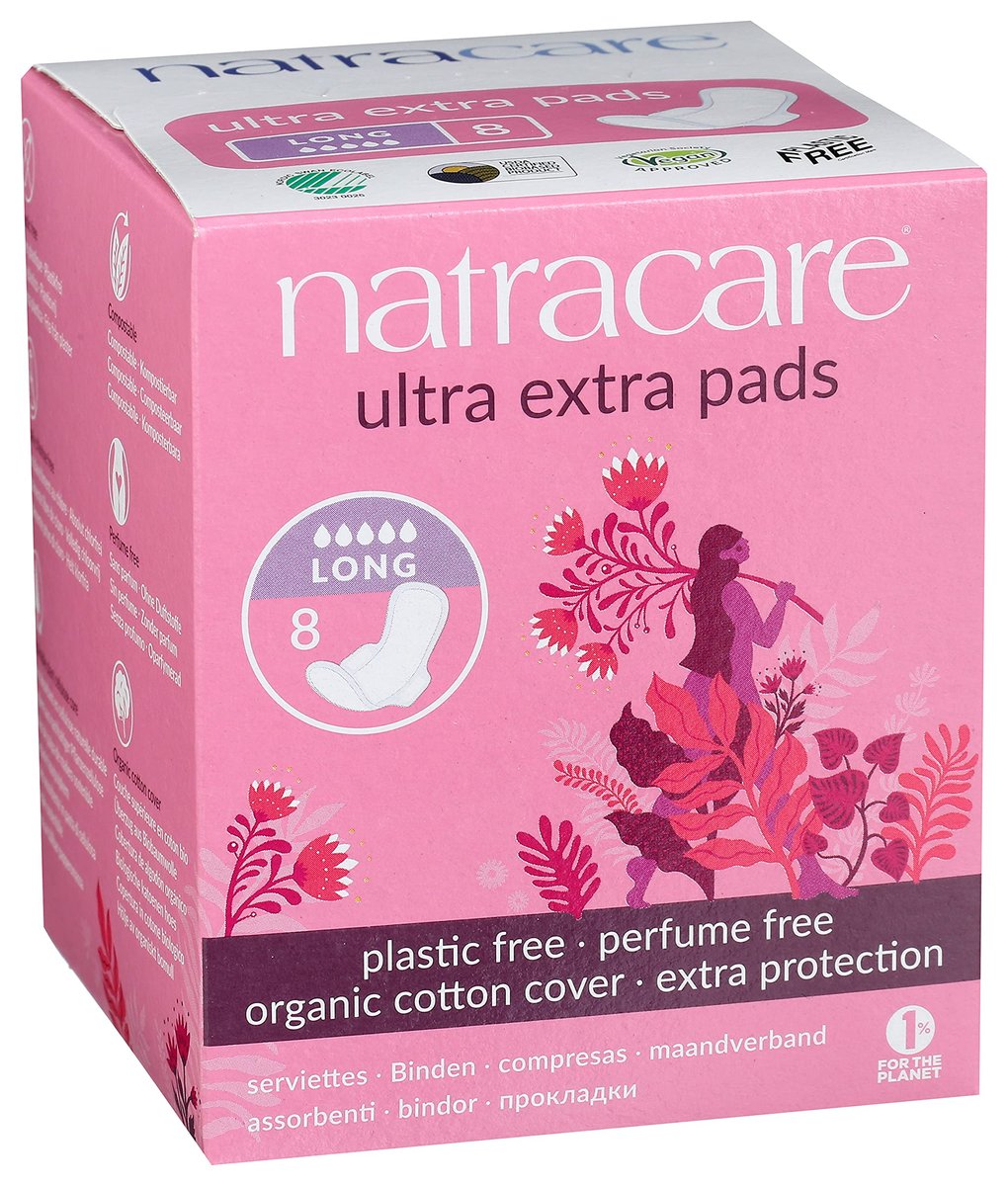 Natracare Ultra Extra Binden mit Flügeln, lang, einzeln verpackt, aus zertifizierter Bio-Baumwolle, ökologisch zertifiziertem Zellulose-Zellstoff und Pflanzenstärke (1 Packung, 8 Binden insgesamt)
