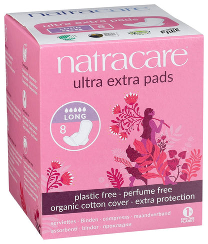 Natracare Ultra Extra Binden mit Flügeln, lang, einzeln verpackt, aus zertifizierter Bio-Baumwolle, ökologisch zertifiziertem Zellulose-Zellstoff und Pflanzenstärke (1 Packung, 8 Binden insgesamt)