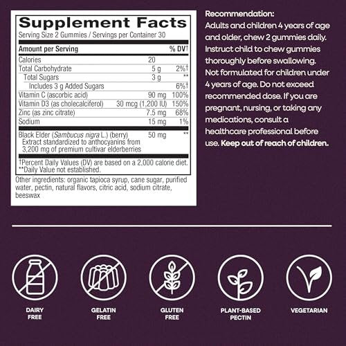Nature's Way Sambucus Holunderbeeren Gummibärchen – Immununterstützung für Erwachsene & Kinder ab 4 Jahren mit Holunderextrakt, Vitamin C, Vitamin D3 und Zink, 60 Gummibärchen
