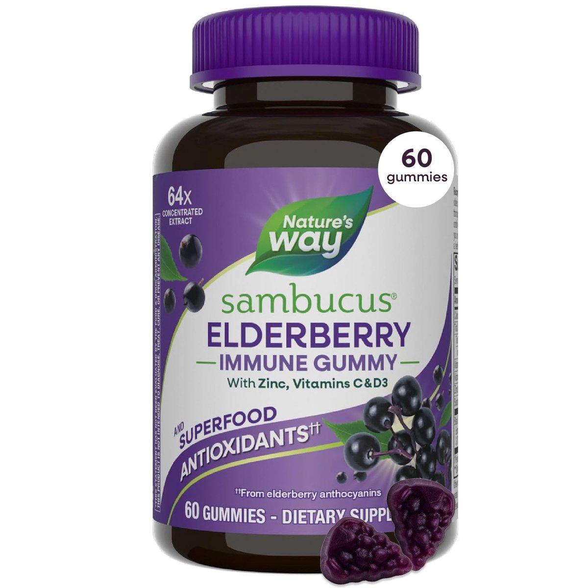 Nature's Way Sambucus Holunderbeeren Gummibärchen – Immununterstützung für Erwachsene & Kinder ab 4 Jahren mit Holunderextrakt, Vitamin C, Vitamin D3 und Zink, 60 Gummibärchen