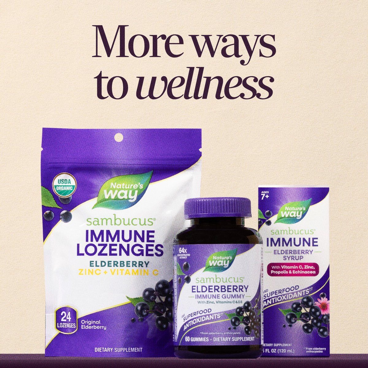 Nature's Way Sambucus Holunderbeeren Gummibärchen – Immununterstützung für Erwachsene & Kinder ab 4 Jahren mit Holunderextrakt, Vitamin C, Vitamin D3 und Zink, 60 Gummibärchen