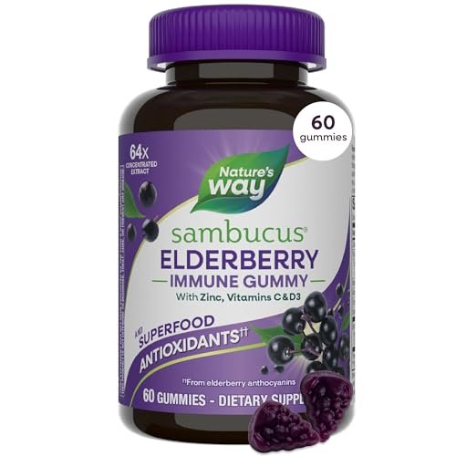 Nature's Way Sambucus Holunderbeeren Gummibärchen – Immununterstützung für Erwachsene & Kinder ab 4 Jahren mit Holunderextrakt, Vitamin C, Vitamin D3 und Zink, 60 Gummibärchen