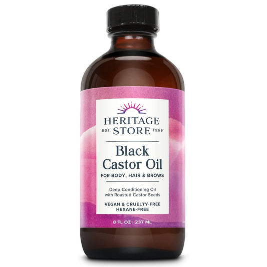 HERITAGE STORE Schwarzes Rizinusöl Pflegende Haarbehandlung – Tiefenhydratation für Haare, Haut, Wimpern und Augenbrauen – Ideal für Locs und natürliches Haar – traditionell geröstet, vegan, hexanfrei, 237 ml