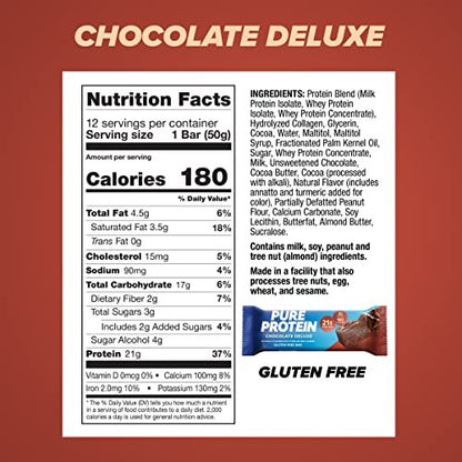 Pure Protein Chocolate Deluxe Proteinriegel – 21g Protein, 3g Zucker, 190 Kalorien (12er Pack) Zuckerarmer* High-Protein-Snack – Glutenfrei – Perfekt für einen gesunden Snack