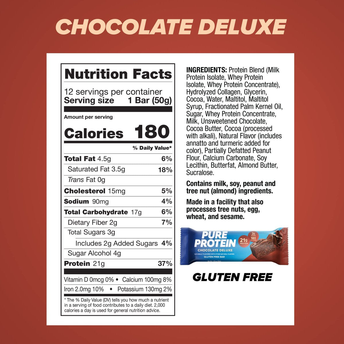 Pure Protein Chocolate Deluxe Proteinriegel – 21g Protein, 3g Zucker, 190 Kalorien (12er Pack) Zuckerarmer* High-Protein-Snack – Glutenfrei – Perfekt für einen gesunden Snack