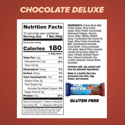 Pure Protein Chocolate Deluxe Proteinriegel – 21g Protein, 3g Zucker, 190 Kalorien (12er Pack) Zuckerarmer* High-Protein-Snack – Glutenfrei – Perfekt für einen gesunden Snack