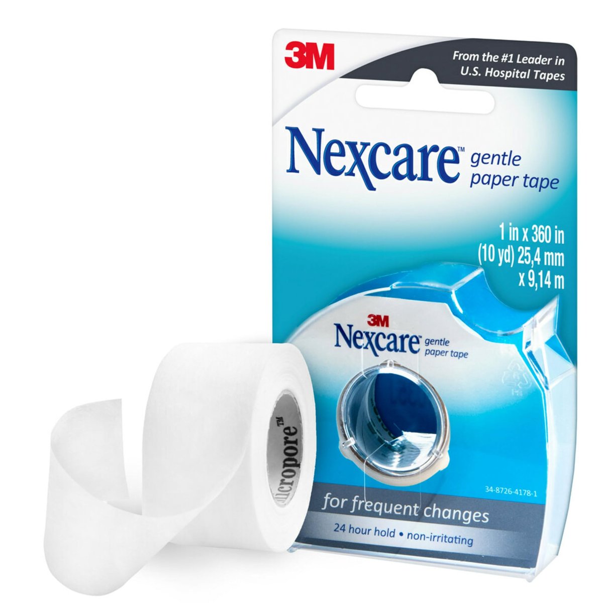 Nexcare Sanftes Papierband Dispenser, Medizinisches Papierband, Fixiert Verbände und löst sich sanft - 1 Zoll x 10 Yards, 1 Dispenser
