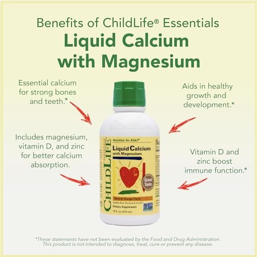 CHILDLIFE ESSENTIALS Flüssiges Kalzium für Kinder – Kalzium-, Magnesium-, Zink- und Vitamin-D3-Ergänzung mit Orangen-Geschmack, 473 ml (1 Packung)