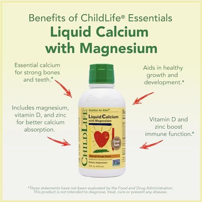 CHILDLIFE ESSENTIALS Flüssiges Kalzium für Kinder – Kalzium-, Magnesium-, Zink- und Vitamin-D3-Ergänzung mit Orangen-Geschmack, 473 ml (1 Packung)