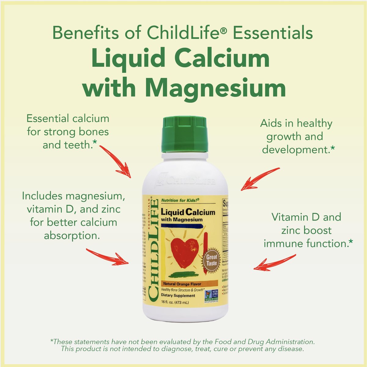 CHILDLIFE ESSENTIALS Flüssiges Kalzium für Kinder – Kalzium-, Magnesium-, Zink- und Vitamin-D3-Ergänzung mit Orangen-Geschmack, 473 ml (1 Packung)