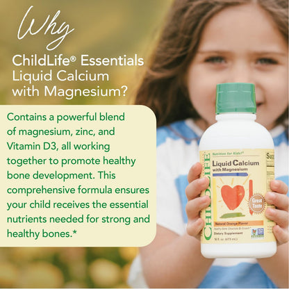 CHILDLIFE ESSENTIALS Flüssiges Kalzium für Kinder – Kalzium-, Magnesium-, Zink- und Vitamin-D3-Ergänzung mit Orangen-Geschmack, 473 ml (1 Packung)
