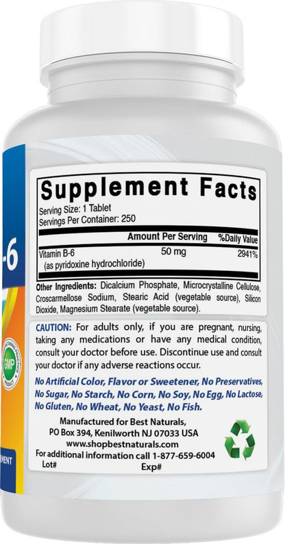 Best Naturals Vitamin B6 50 mg – 250 Tabletten – Nahrungsergänzungsmittel mit Pyridoxalphosphat
