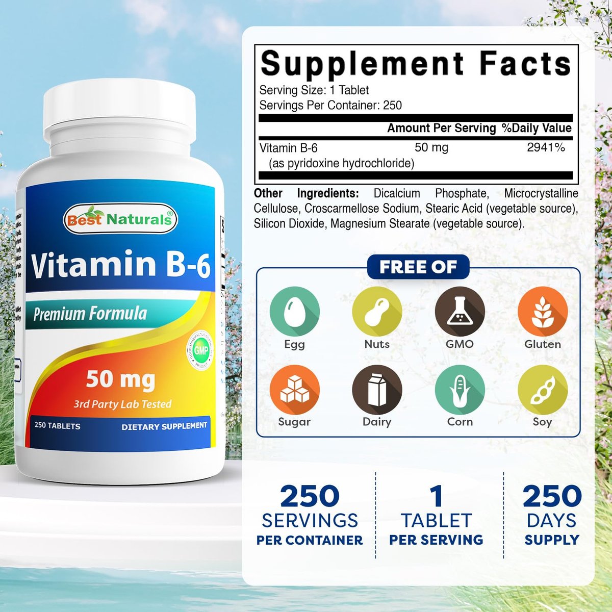 Best Naturals Vitamin B6 50 mg – 250 Tabletten – Nahrungsergänzungsmittel mit Pyridoxalphosphat