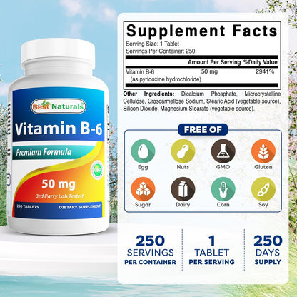 Best Naturals Vitamin B6 50 mg – 250 Tabletten – Nahrungsergänzungsmittel mit Pyridoxalphosphat