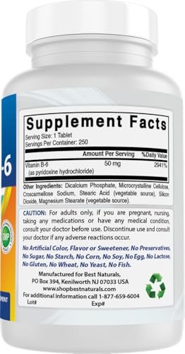 Best Naturals Vitamin B6 50 mg – 250 Tabletten – Nahrungsergänzungsmittel mit Pyridoxalphosphat
