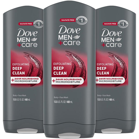 Dove Men+Care Körper- und Gesichtsreinigung 3er-Pack – Peeling Tiefenreinigung mit 24h Feuchtigkeitsversorgung, Duft nach Zitrus und Zedernholz, 13,5 Oz je Flasche