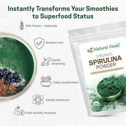 Z Natural Foods Bio Spirulina Pulver - 100% reine Spirulina, nährstoffreiche Blaualgen-Superfood mit Aminosäuren, 15x Beta-Carotin - für Smoothies, Joghurt, Rezepte, 500 g