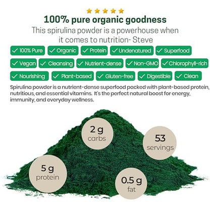 Z Natural Foods Bio Spirulina Pulver - 100% reine Spirulina, nährstoffreiche Blaualgen-Superfood mit Aminosäuren, 15x Beta-Carotin - für Smoothies, Joghurt, Rezepte, 500 g