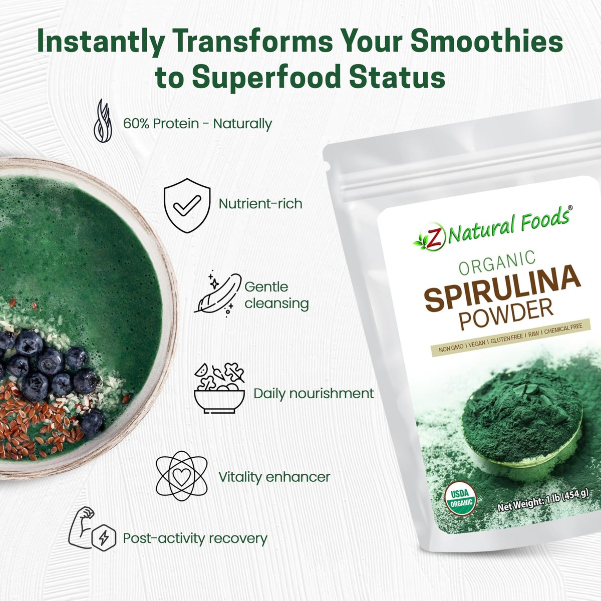 Z Natural Foods Bio Spirulina Pulver - 100% reine Spirulina, nährstoffreiche Blaualgen-Superfood mit Aminosäuren, 15x Beta-Carotin - für Smoothies, Joghurt, Rezepte, 500 g