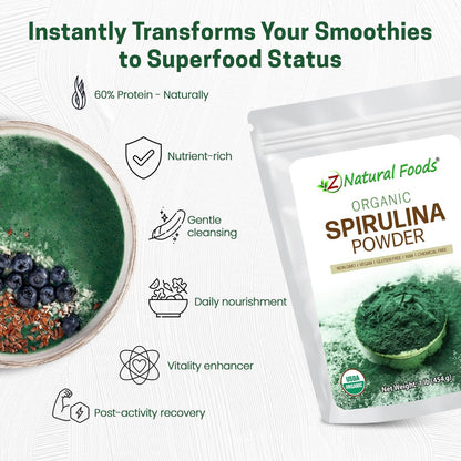 Z Natural Foods Bio Spirulina Pulver - 100% reine Spirulina, nährstoffreiche Blaualgen-Superfood mit Aminosäuren, 15x Beta-Carotin - für Smoothies, Joghurt, Rezepte, 500 g
