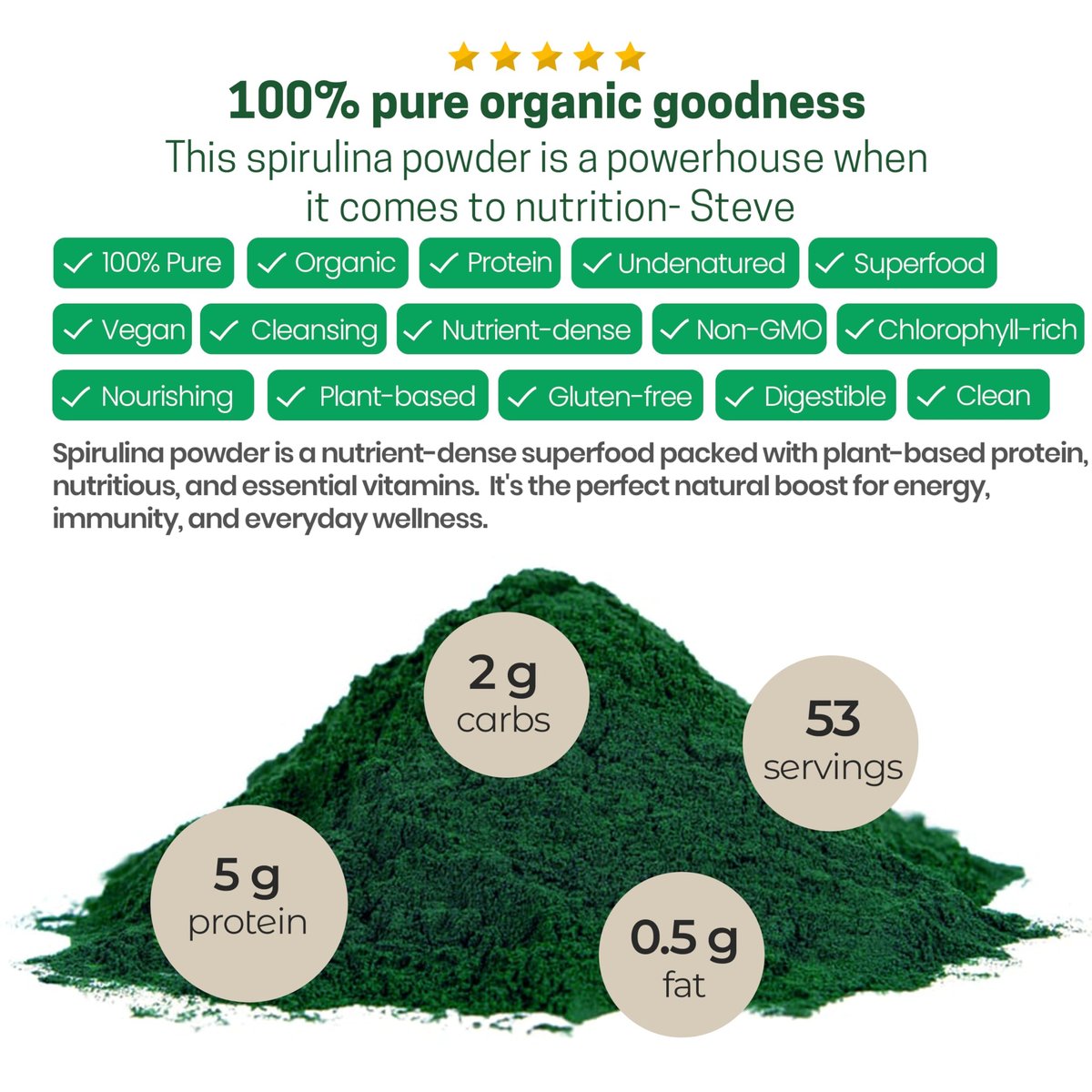 Z Natural Foods Bio Spirulina Pulver - 100% reine Spirulina, nährstoffreiche Blaualgen-Superfood mit Aminosäuren, 15x Beta-Carotin - für Smoothies, Joghurt, Rezepte, 500 g