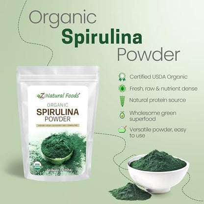 Z Natural Foods Bio Spirulina Pulver - 100% reine Spirulina, nährstoffreiche Blaualgen-Superfood mit Aminosäuren, 15x Beta-Carotin - für Smoothies, Joghurt, Rezepte, 500 g