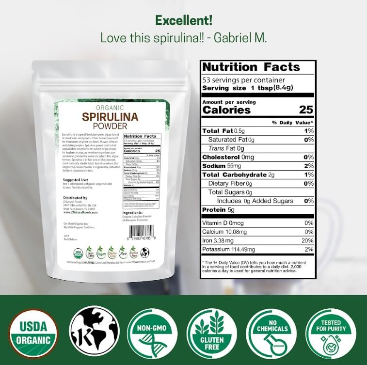 Z Natural Foods Bio Spirulina Pulver - 100% reine Spirulina, nährstoffreiche Blaualgen-Superfood mit Aminosäuren, 15x Beta-Carotin - für Smoothies, Joghurt, Rezepte, 500 g