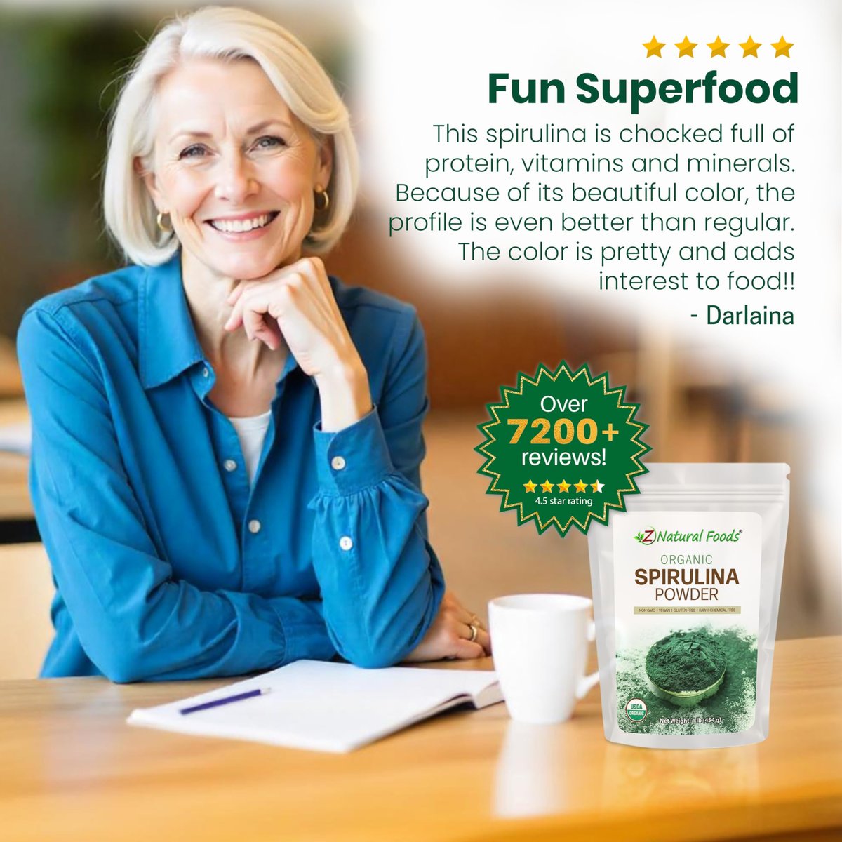 Z Natural Foods Bio Spirulina Pulver - 100% reine Spirulina, nährstoffreiche Blaualgen-Superfood mit Aminosäuren, 15x Beta-Carotin - für Smoothies, Joghurt, Rezepte, 500 g