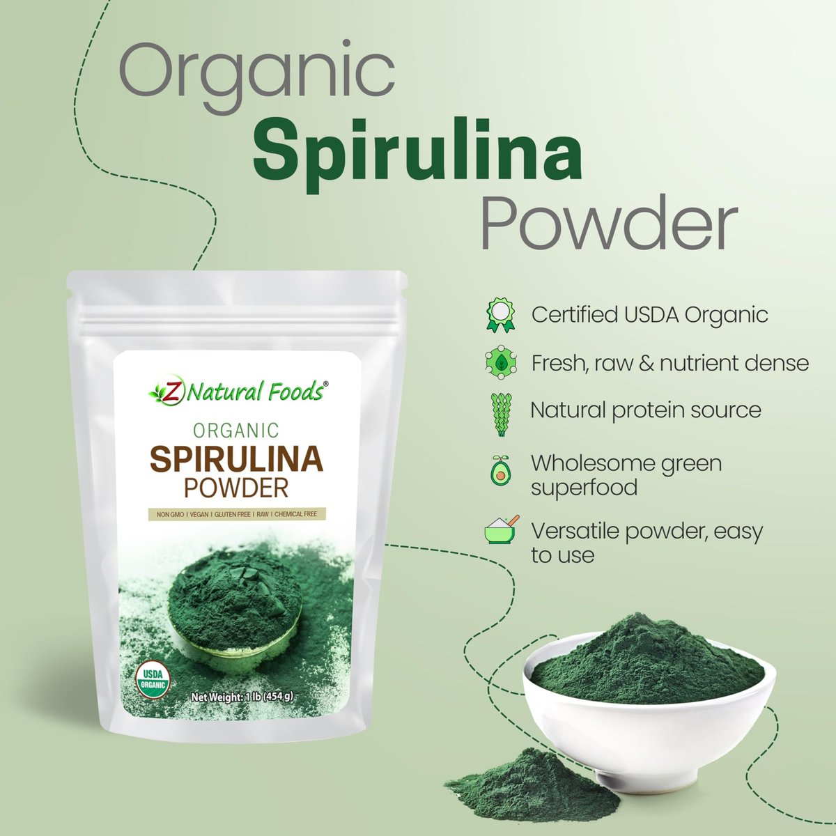 Z Natural Foods Bio Spirulina Pulver - 100% reine Spirulina, nährstoffreiche Blaualgen-Superfood mit Aminosäuren, 15x Beta-Carotin - für Smoothies, Joghurt, Rezepte, 500 g