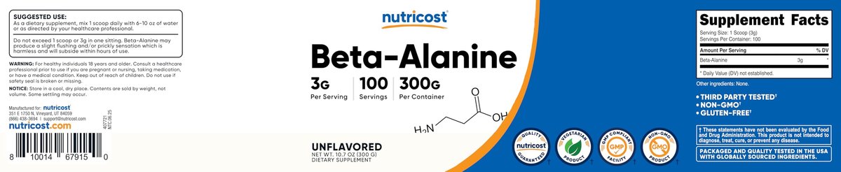Nutricost Beta Alanin Pulver 300 g (10,7 oz) – 3 g pro Portion