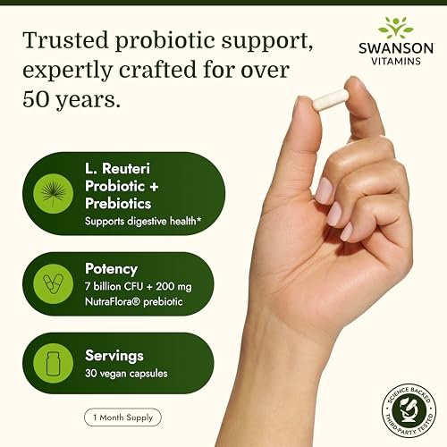 Swanson L. Reuteri Probiotikum Plus mit L. Rhamnosus, L. Acidophilus & FOS-Präbiotikum für gesundheitsbewusste Erwachsene - 7 Milliarden KBE (30 vegane Kapseln)