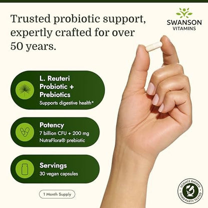 Swanson L. Reuteri Probiotikum Plus mit L. Rhamnosus, L. Acidophilus & FOS-Präbiotikum für gesundheitsbewusste Erwachsene - 7 Milliarden KBE (30 vegane Kapseln)