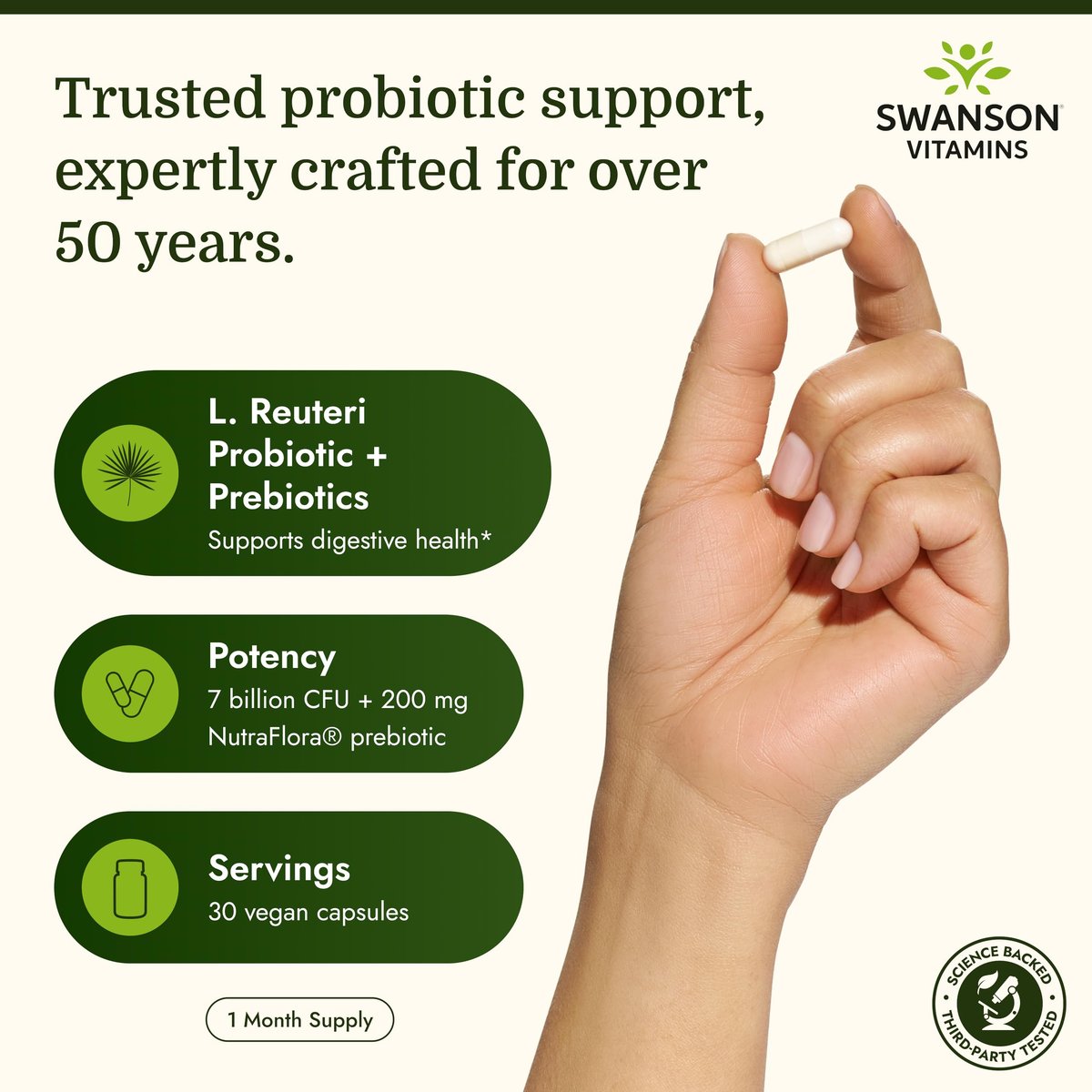 Swanson L. Reuteri Probiotikum Plus mit L. Rhamnosus, L. Acidophilus & FOS-Präbiotikum für gesundheitsbewusste Erwachsene - 7 Milliarden KBE (30 vegane Kapseln)