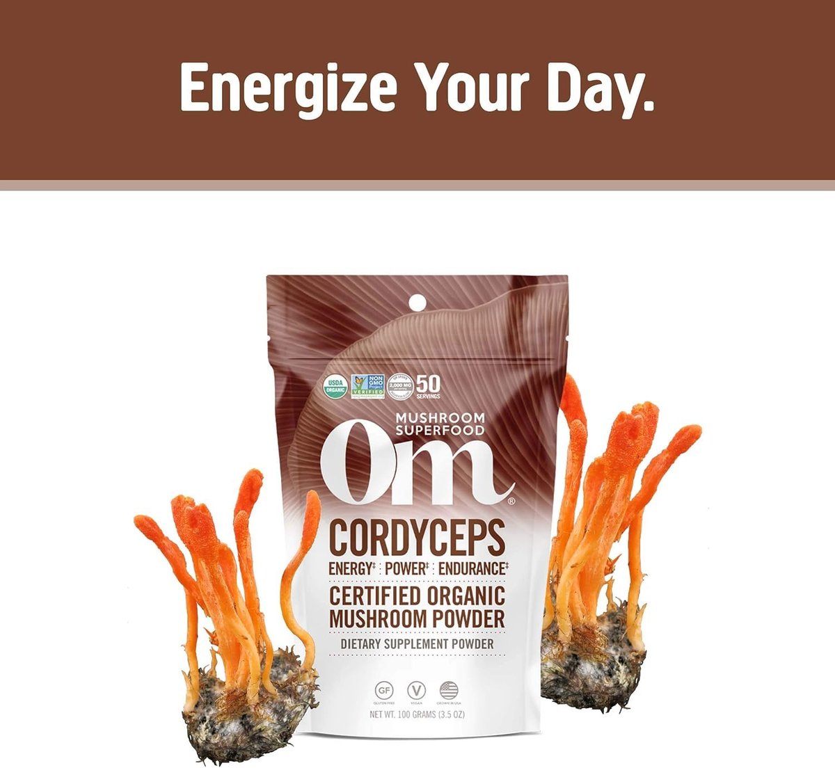 OM MUSHROOM SUPERFOOD Cordyceps Bio-Pulver – 3,5 Unzen (50 Portionen) – Unterstützt Energie, Kraft, Ausdauer und sportliche Leistung